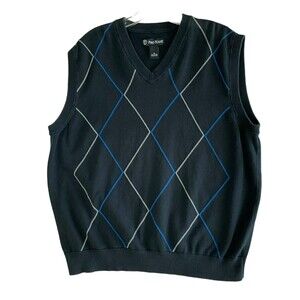 Pro Tour Men's Sweater Vest Size XLarge Black With Grey And Blue Argyle Cotton